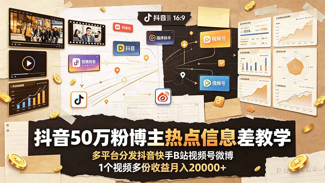 抖音50万粉博主热点信息差教学:多平台分发抖音快手B站视频号微博,1个视频多份收益月入20000+-小艾项目网