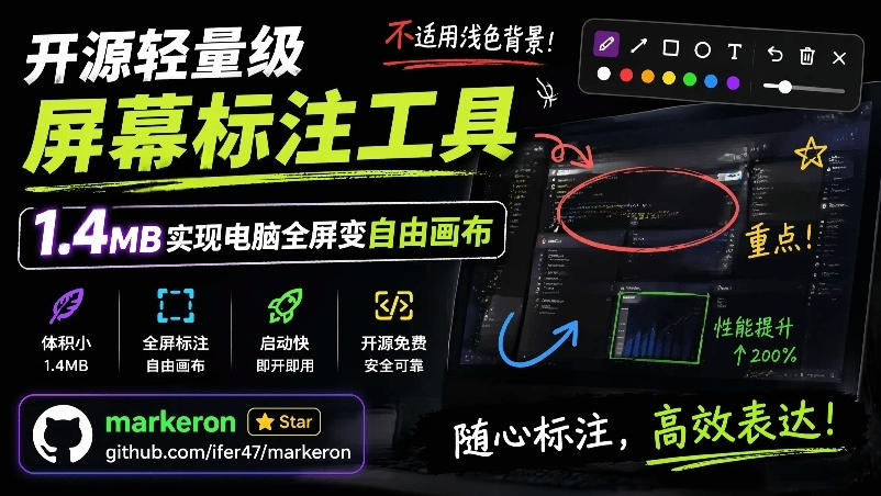 开源轻量级屏幕标注工具,1.4MB实现电脑全屏变自由画布!支持8种标注工具和全键盘操控MarkerOn-小艾项目网
