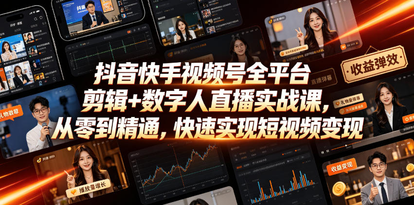 抖音快手视频号全平台剪辑+数字人直播实战课,从零到精通,快速实现短视频变现(更新2026年6月)-小艾项目网