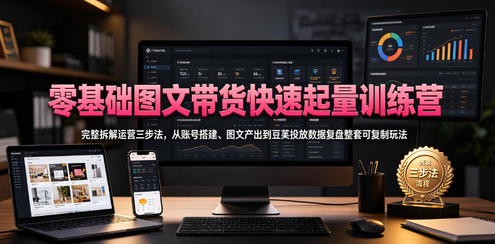 零基础图文带货快速起量训练营,完整拆解运营三步法,从账号搭建、图文产出到豆荚投放数据复盘整套可复制玩法-小艾项目网