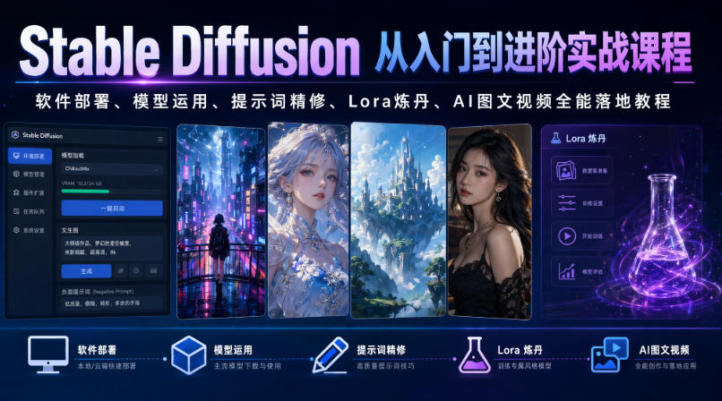 Stable Diffusion从入门到进阶实战课程｜软件部署、模型运用、提示词精修、Lora炼丹、AI图文视频全能落地教程-小艾项目网