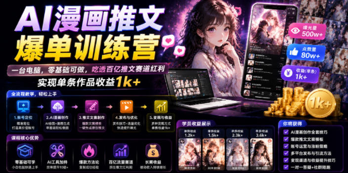 AI漫画推文爆单训练营,一台电脑,零基础可做,吃透百亿推文赛道红利,实现单条作品收益1k+-小艾项目网