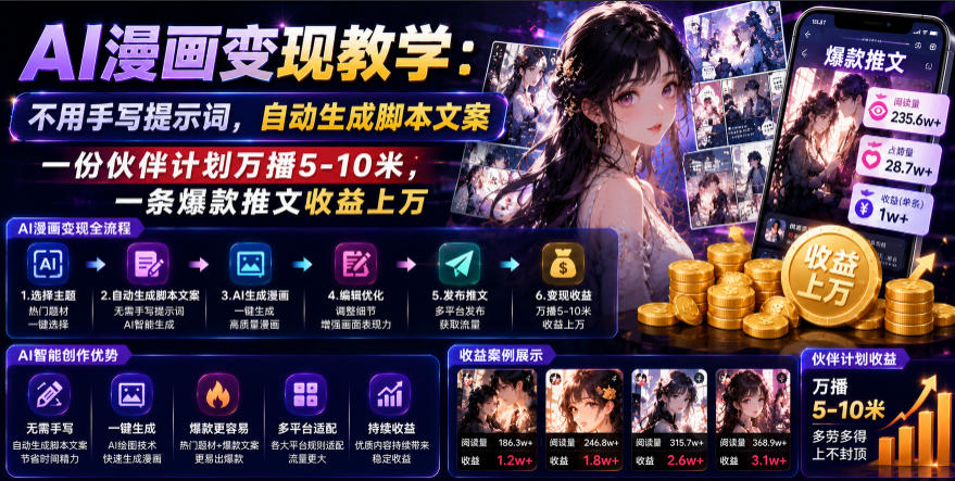 AI漫画变现教学:不用手写提示词,自动生成脚本文案,一份伙伴计划万播5-10米,一条爆款推文收益上W-小艾项目网