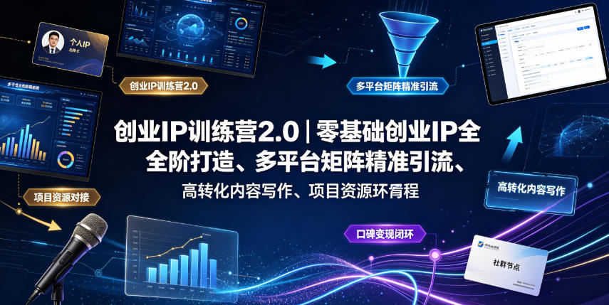 创业IP训练营2.0｜零基础创业IP全阶打造、多平台矩阵精准引流、高转化内容写作、项目资源对接与口碑变现闭环课程-小艾项目网
