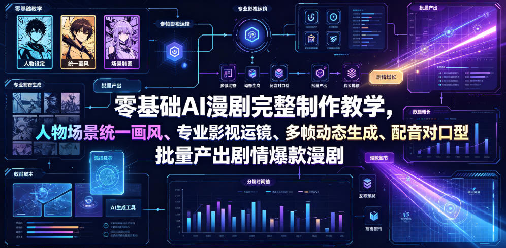 零基础AI漫剧完整制作教学，人物场景统一画风、专业影视运镜、多帧动态生成、配音对口型，批量产出剧情爆款漫剧-小艾项目网
