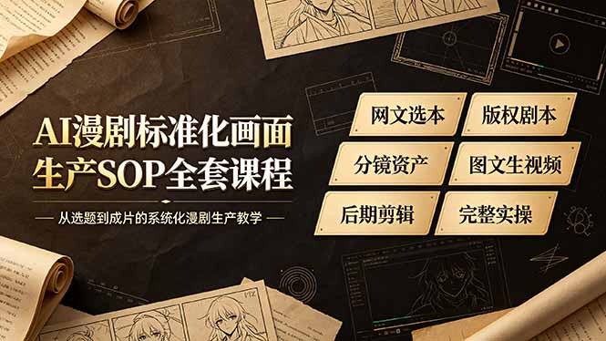 AI漫剧标准化画面生产SOP全套课程,网文选本版权剧本分镜资产全覆盖,图文生视频后期剪辑完整实操教学-小艾项目网