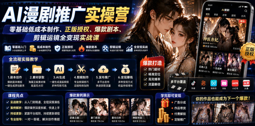 AI漫剧推广实操营｜零基础低成本制作、正版授权、爆款剧本、剪辑运镜全变现实战课-小艾项目网