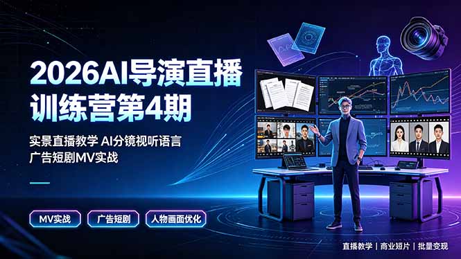 2026AI导演直播训练营第4期,实景直播教学AI分镜视听语言,广告短剧MV实战,解决人物画面崩坏痛点-小艾项目网
