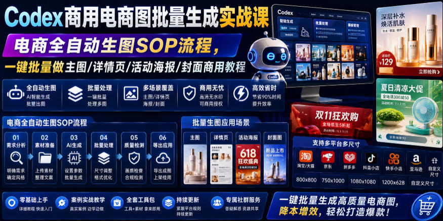 Codex商用电商图批量生成实战课|电商全自动生图SOP流程,一键批量做主图/详情页/活动海报/封面商用教程-小艾项目网