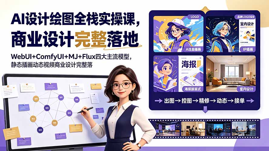 AI设计绘图全栈实操课,WebUI+ComfyUI+MJ+Flux四大主流模型,静态插画动态视频商业设计完整落地教程-小艾项目网