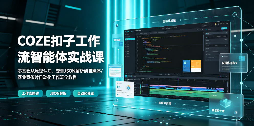 COZE扣子工作流智能体实战课｜零基础从原理认知、变量JSON解析到自媒体/商业宣传片自动化工作流全教程-小艾项目网