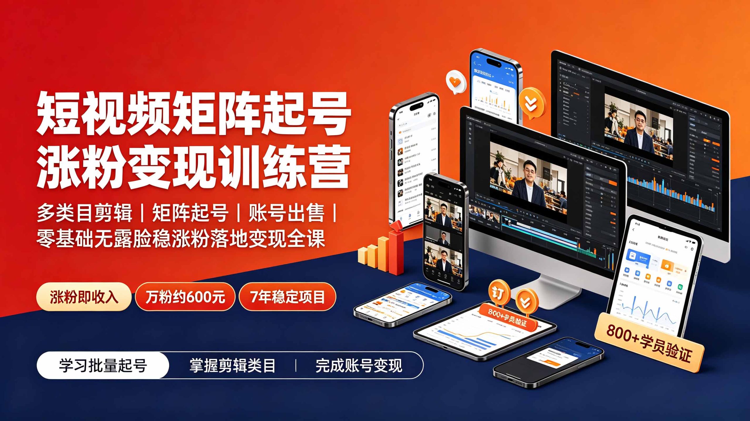 短视频矩阵起号涨粉变现训练营|多类目剪辑·矩阵起号·账号出售,零基础无露脸稳涨粉落地变现全课-小艾项目网