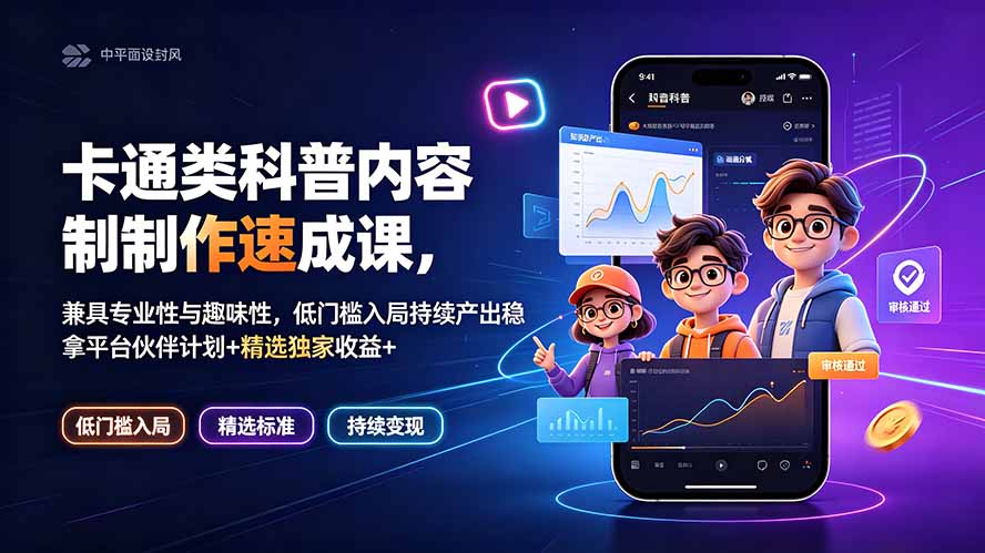 卡通类科普内容制作速成课，兼具专业性与趣味性，低门槛入局持续产出稳拿平台伙伴计划+精选独家收益-小艾项目网