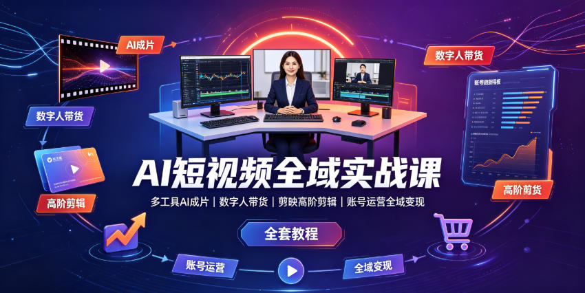 AI短视频全域实战课｜多工具AI成片、数字人带货、剪映高阶剪辑、账号运营全域变现全套教程-小艾项目网
