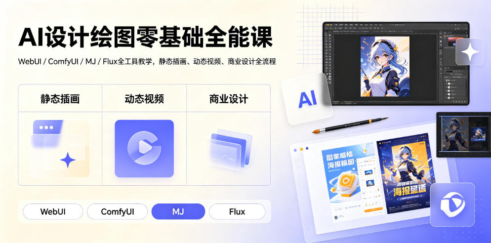 AI设计绘图零基础全能课｜WebUI/ComfyUI/MJ/Flux全工具教学，静态插画、动态视频、商业设计全流程-小艾项目网