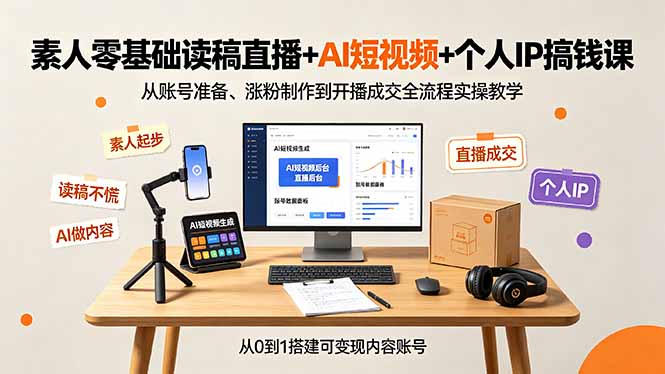 素人零基础读稿直播+AI短视频+个人IP搞钱课，从账号准备、涨粉制作到开播成交全流程实操教学-小艾项目网