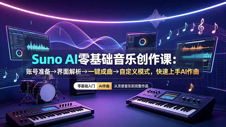 Suno AI零基础音乐创作课:账号准备→界面解析→一键成曲→自定义模式,快速上手AI作曲-小艾项目网