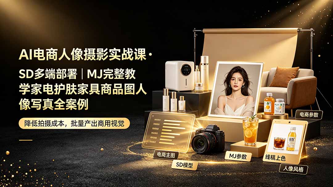 AI电商人像摄影实战课·SD多端部署|MJ完整教学|家电护肤家具商品图人像写真全案例-小艾项目网