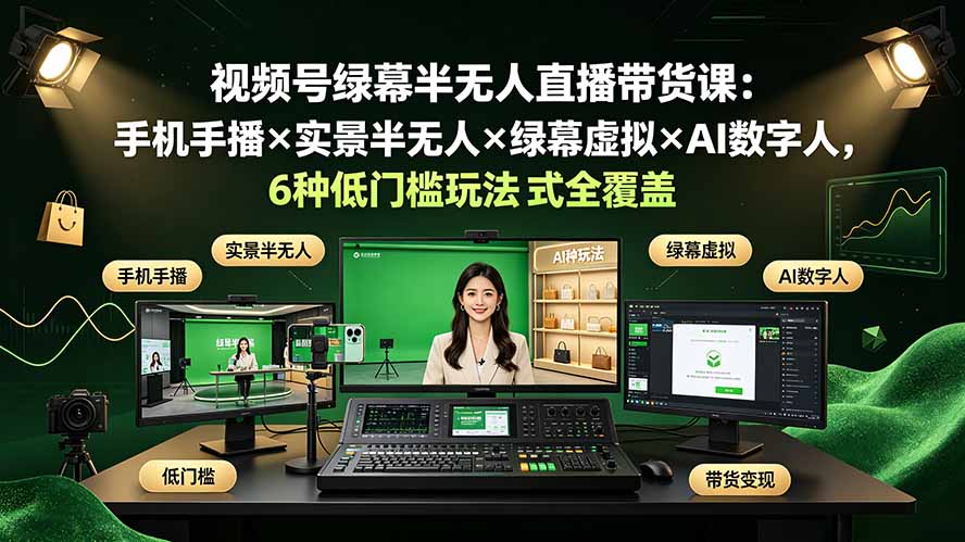 视频号绿幕半无人直播带货课：手机手播×实景半无人×绿幕虚拟×AI数字人，6种低门槛玩法全覆盖-小艾项目网