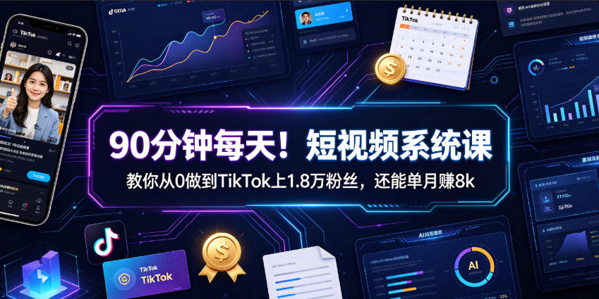 90分钟每天!短视频系统课教你从0做到TikTok上1.8万粉丝,还能单月賺8k【原创双语字幕】-小艾项目网