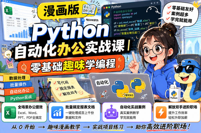 漫画版Python自动化办公实战课｜零基础趣味学编程，全场景办公提效、批量搞定报表文档、解放双手进阶职场-小艾项目网