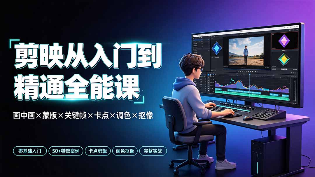 剪映从入门到精通全能课：画中画×蒙版×关键帧×卡点×调色×抠像，一站式掌握剪辑核心技能-小艾项目网