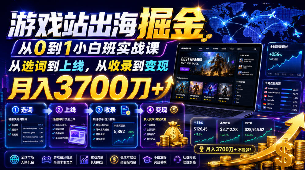 游戏站出海掘金从0到1小白实战课，从选词到上线，从收录到变现，月入3700刀+-小艾项目网