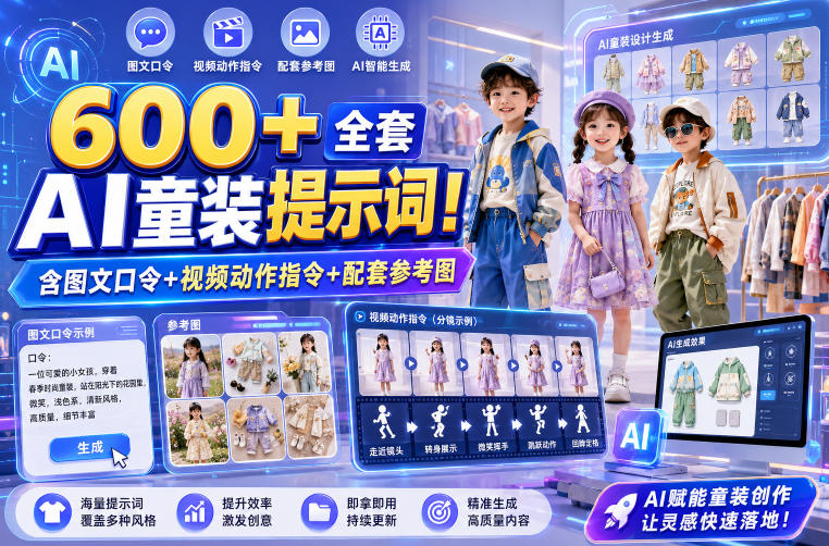 600+全套AI童装提示词！含图文口令+视频动作指令+配套参考图，Word-Excel规整分类，童装电商、种草无脑量产内容！-小艾项目网