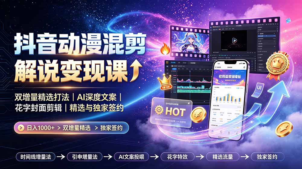 抖音动漫混剪解说变现课：双增量精选打法｜AI深度文案｜花字封面剪辑｜ 精选与独家签约日入1000+-小艾项目网