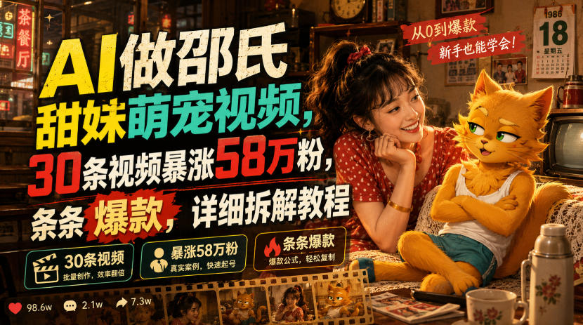 AI做邵氏甜妹萌宠视频,30条视频暴涨58万粉,条条爆款,详细拆解教程-小艾项目网