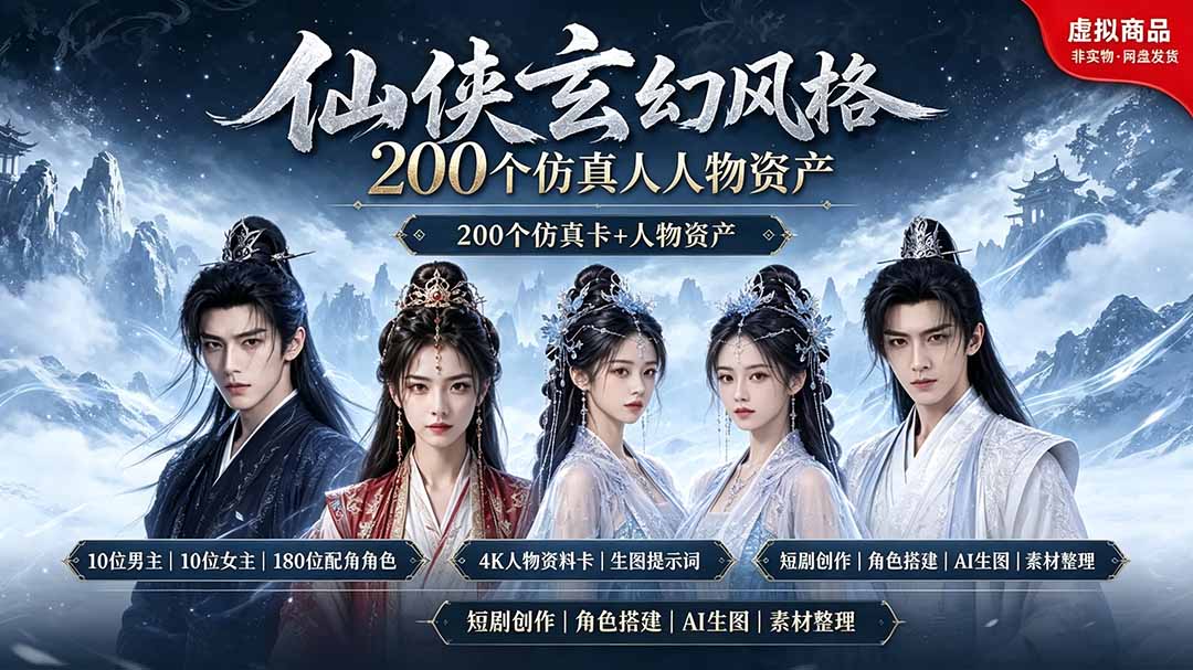 200个仙侠玄幻仿真人素材◆10男主×10女主×180配角,4K资料卡+AI生图提示词,漫剧必备-小艾项目网