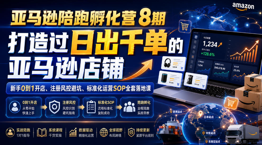 亚马逊陪跑孵化营8期，打造过日出千单的亚马逊店铺，新手0到1开店、注册风控避坑、标准化运营SOP全套落地课-小艾项目网