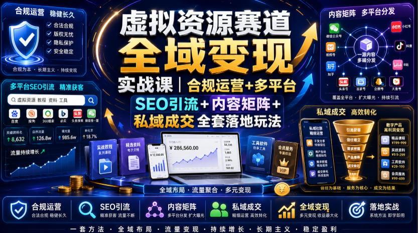 虚拟资源赛道全域变现实战课｜合规运营+多平台SEO引流+内容矩阵+私域成交全套落地玩法-小艾项目网