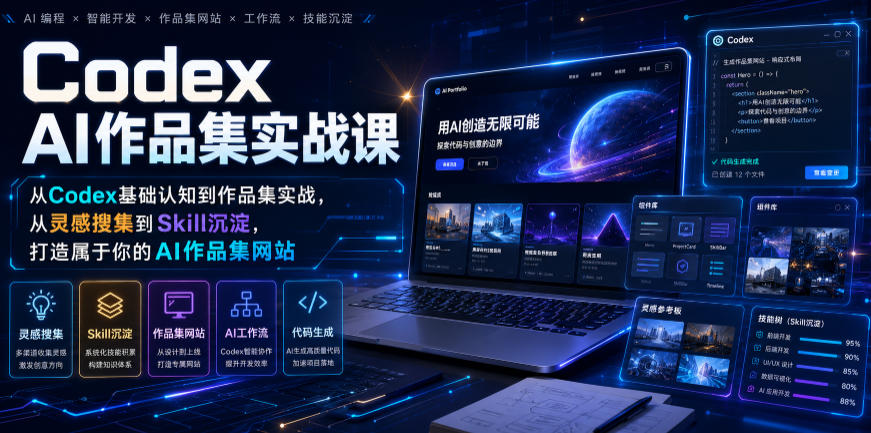 Codex AI作品集实战课，从Codex基础认知到作品集实战，从灵感搜集到Skill沉淀，打造属于你的AI作品集网站-小艾项目网