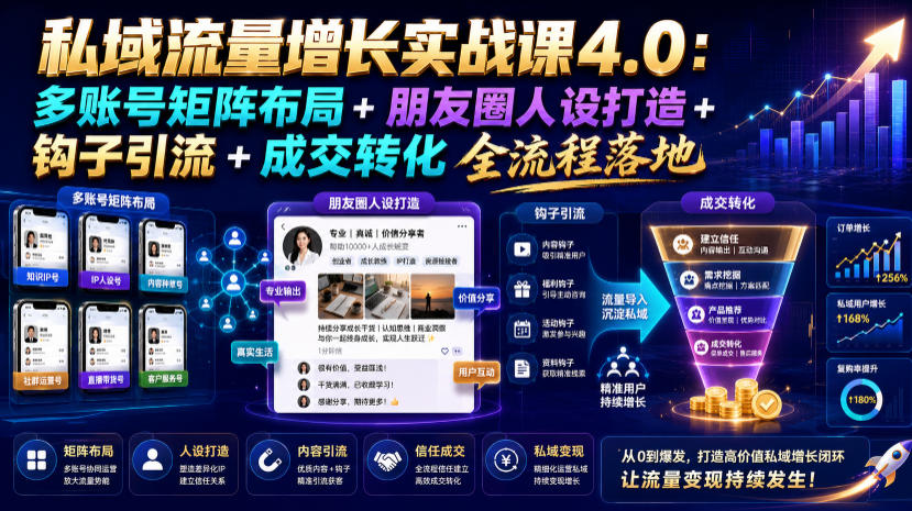 私域流量增长实战课4.0：多账号矩阵布局+朋友圈人设打造+钩子引流+成交转化全流程落地-小艾项目网