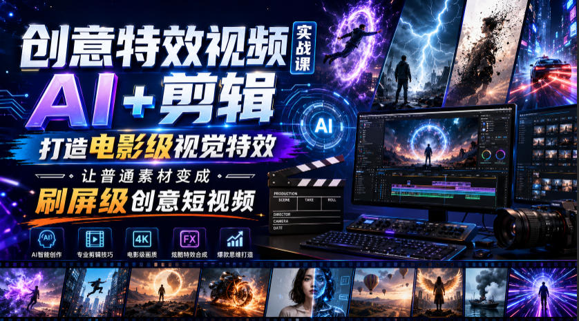 创意特效视频实战课，AI+剪辑打造电影级视觉特效，让普通素材变成刷屏级创意短视频-小艾项目网