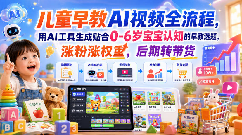 儿童早教AI视频全流程，用AI工具生成贴合0-6岁宝宝认知的早教选题，涨粉涨权重，后期转带货-小艾项目网