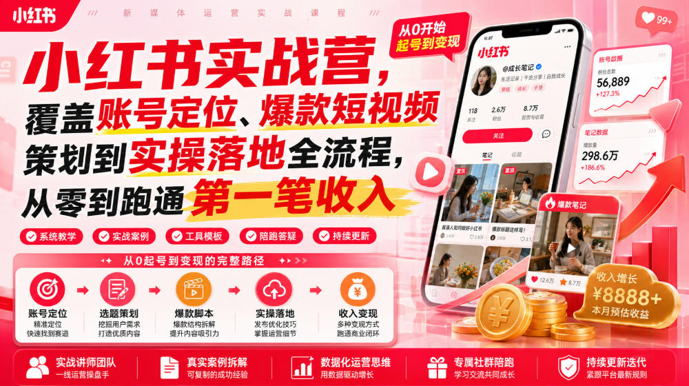 小红书实战营,覆盖账号定位、爆款短视频策划到实操落地全流程,从零到跑通第一笔收入-小艾项目网