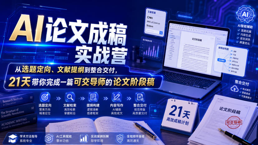 AI论文成稿实战营,从选题定向、文献提纲到整合交付,21天带你完成一篇可交导师的论文阶段稿-小艾项目网