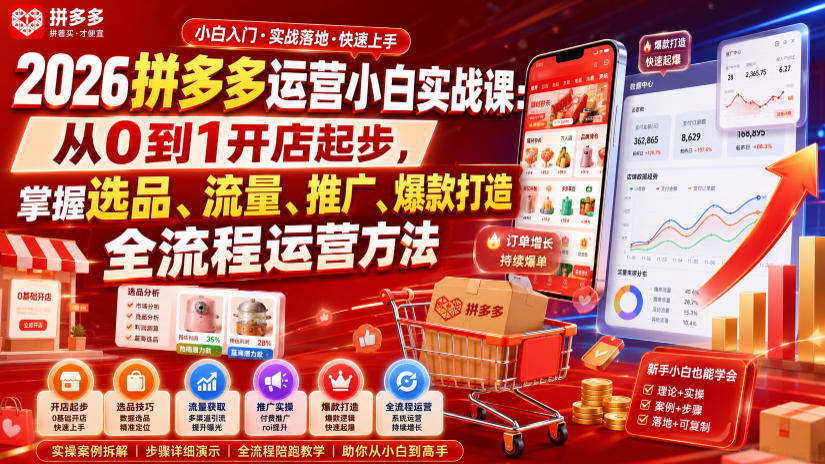 2026拼多多运营小白实战课：从0到1开店起步，掌握选品、流量、推广、爆款打造全流程运营方法-小艾项目网