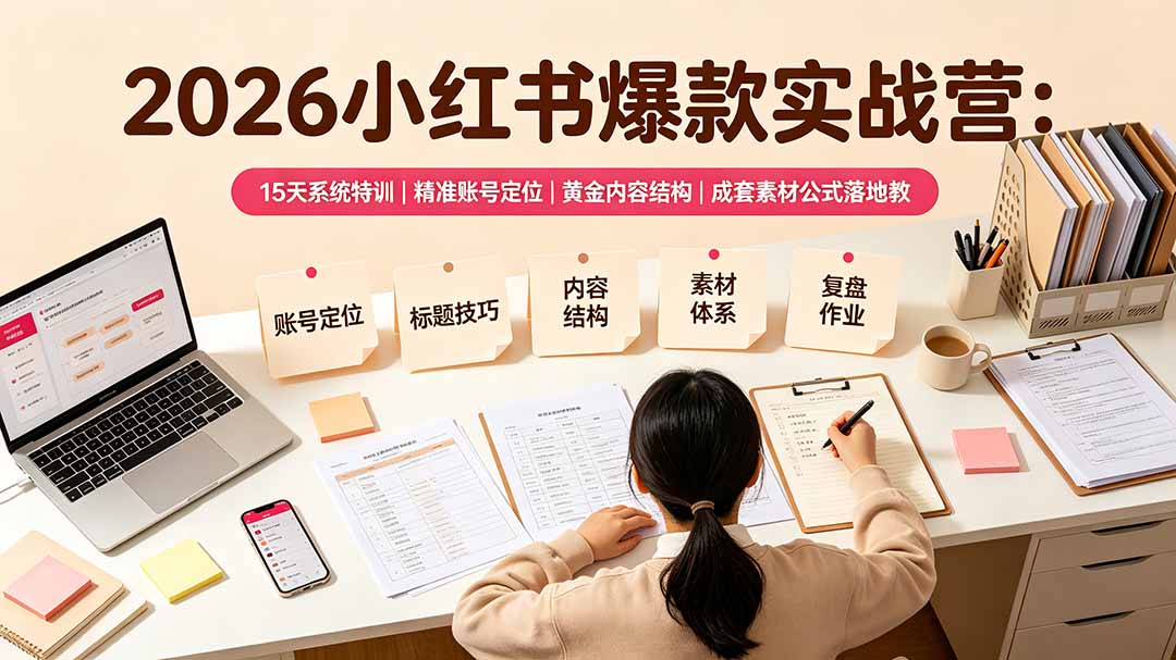 2026小红书爆款实战营：15天系统特训｜精准账号定位｜黄金内容结构｜成套素材公式落地教程-小艾项目网