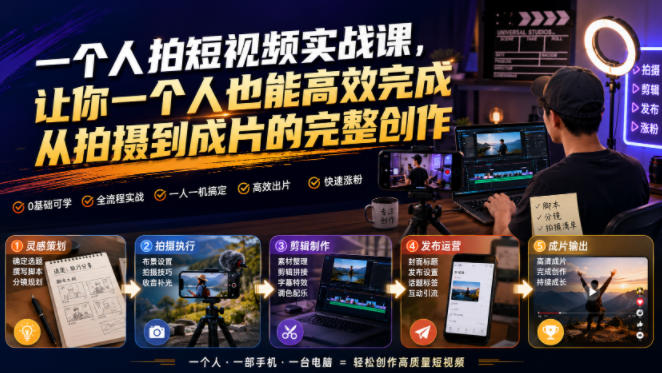 一个人拍短视频实战课，让你一个人也能高效完成从拍摄到成片的完整创作-小艾项目网