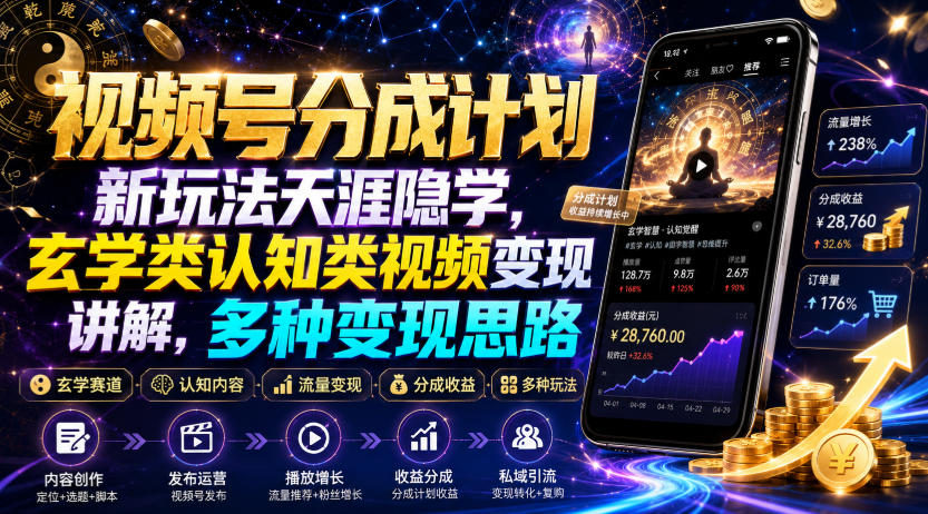 视频号分成计划新玩法天涯隐学，玄学类认知类视频变现讲解，多种变现思路-小艾项目网