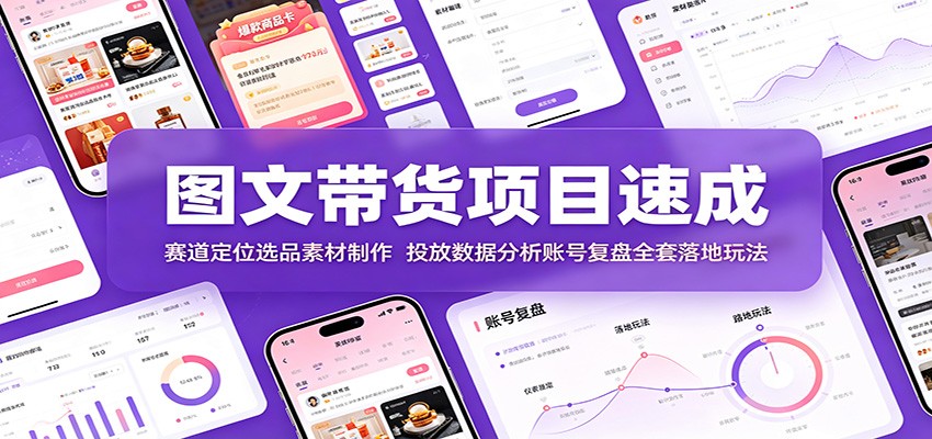 图文带货项目速成:赛道定位选品素材制作,投放数据分析账号复盘全套落地玩法-小艾项目网