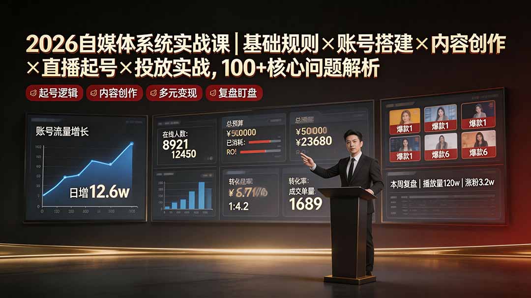 2026自媒体系统实战课｜基础规则×账号搭建×内容创作×直播起号×投放实战，100+核心问题解析-小艾项目网