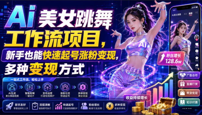 Ai美女跳舞工作流项目，新手也能快速起号涨粉变现，多种变现方式-小艾项目网