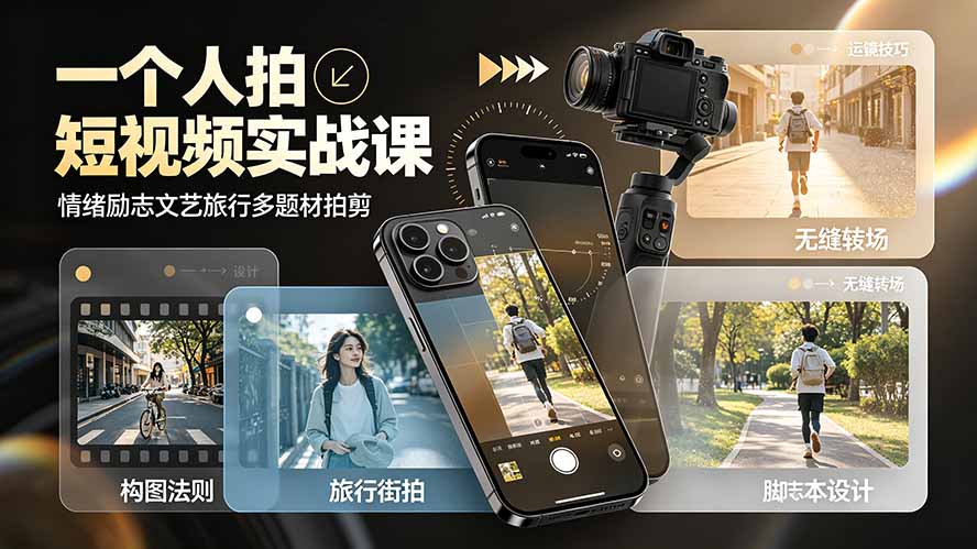 一个人拍短视频实战课：情绪励志文艺旅行多题材×五大景别×黄金构图×八大运镜，从拍摄到成片高效创作-小艾项目网