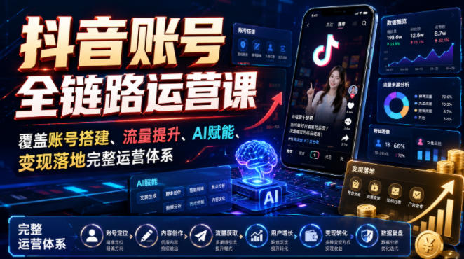抖音账号全链路运营课，覆盖账号搭建、流量提升、AI赋能、变现落地完整运营体系-小艾项目网