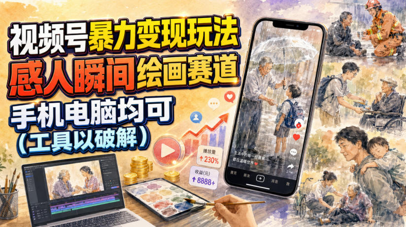 视频号暴力变现玩法，感人瞬间绘画赛道，手机电脑均可-小艾项目网