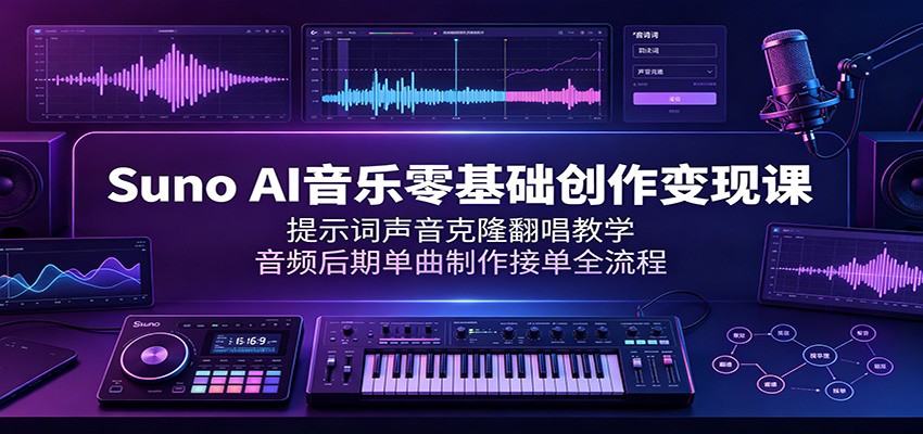 Suno AI音乐零基础创作变现课:提示词声音克隆翻唱教学,音频后期单曲制作接单全流程-小艾项目网